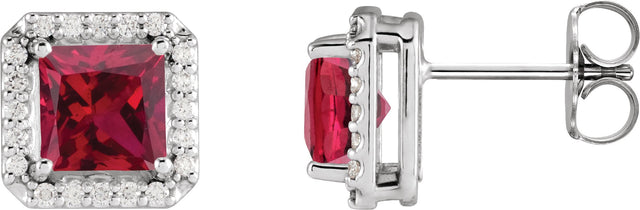14K Gold Lab-Grown Ruby Natural Diamond Square 4-Prong Halo-Style Earring - White Gold