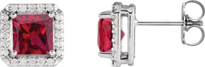 Platinum Lab-Grown Ruby Natural Diamond Square 4-Prong Halo-Style Earring