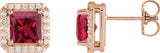14K Gold Lab-Grown Ruby Natural Diamond Square 4-Prong Halo-Style Earring - Rose Gold