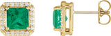 14K Gold Lab-Grown Emerald Natural Diamond Square 4-Prong Halo-Style Earring - Yellow Gold