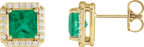 14K Gold Lab-Grown Emerald Natural Diamond Square 4-Prong Halo-Style Earring - Yellow Gold