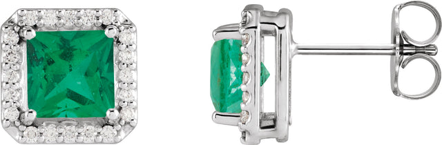 Platinum Lab-Grown Emerald Natural Diamond Square 4-Prong Halo-Style Earring