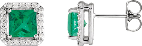 Platinum Lab-Grown Emerald Square 4-Prong Halo-Style Earring