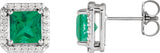 14K Gold Lab-Grown Emerald Square 4-Prong Halo-Style Earring - White Gold