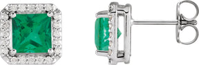 14K Gold Lab-Grown Emerald Square 4-Prong Halo-Style Earring - White Gold