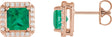 14K Gold Lab-Grown Emerald Natural Diamond Square 4-Prong Halo-Style Earring - Rose Gold