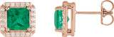 14K Gold Lab-Grown Emerald Natural Diamond Square 4-Prong Halo-Style Earring - Rose Gold