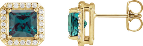 14K Gold Lab-Grown Alexandrite Square 4-Prong Halo-Style Earring - Yellow Gold