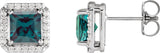 14K Gold Lab-Grown Alexandrite Square 4-Prong Halo-Style Earring - White Gold