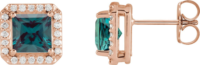 14K Gold Lab-Grown Alexandrite Square 4-Prong Halo-Style Earring - Rose Gold
