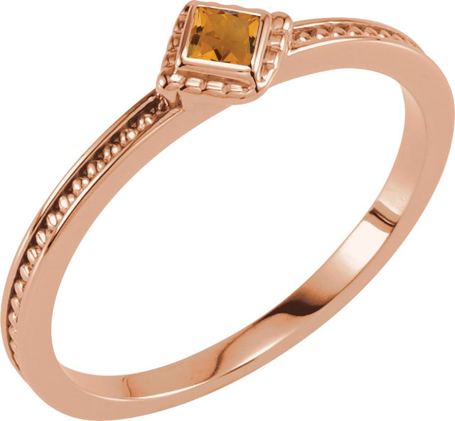 14K Gold Square Natural Citrine Family Stackable Ring – 2.5x2.5mm - Rose Gold