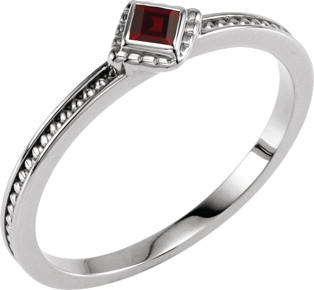 14K Gold Square Natural Mozambique Garnet Family Stackable Ring – 2.5x2.5mm - White Gold