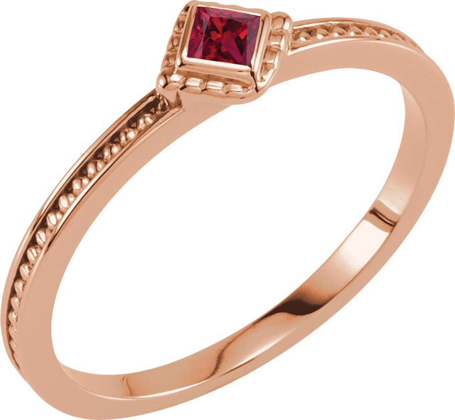 14K Gold Square Lab-Grown Ruby Family Stackable Ring – 2.5x2.5mm - Rose Gold