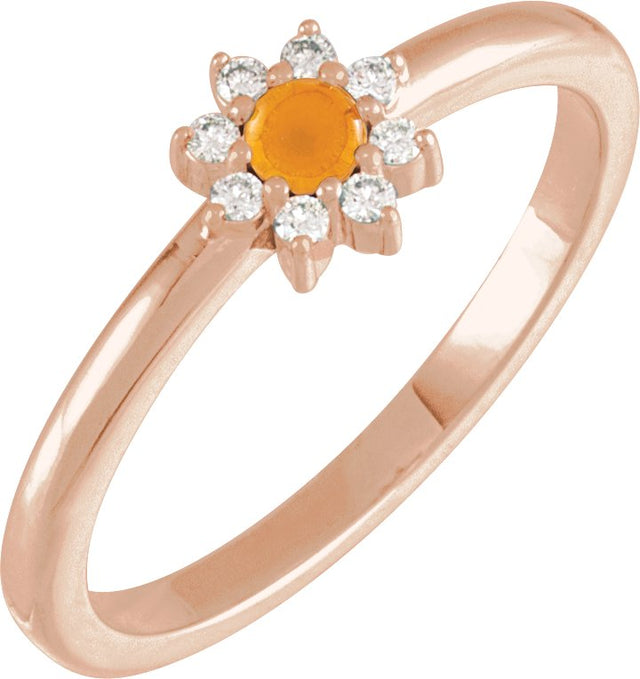 14K Gold Round Natural Citrine Halo-Style Ring – 3mm Stones - Rose Gold