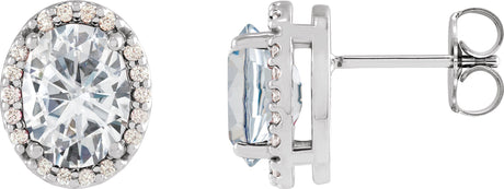 Platinum Lab-Grown Moissanite Oval 4-Prong Halo-Style Low Stud Earring