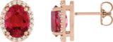 14K Gold Lab-Grown Ruby Oval 4-Prong Halo-Style Low Stud Earring - Rose Gold