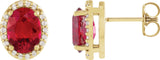 14K Gold Lab-Grown Ruby Oval 4-Prong Halo-Style Low Stud Earring - Yellow Gold