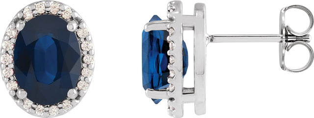 Platinum Lab-Grown Blue Sapphire Oval 4-Prong Halo-Style Low Stud Earring