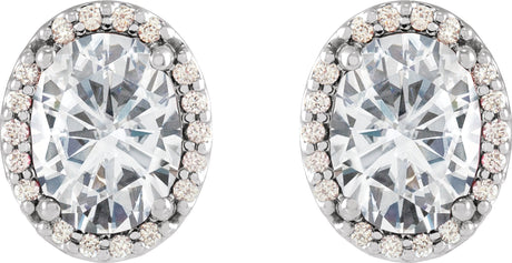 Platinum Lab-Grown Moissanite Oval 4-Prong Halo-Style Low Stud Earring - view 2