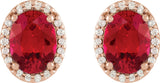 14K Gold Lab-Grown Ruby Oval 4-Prong Halo-Style Low Stud Earring - Rose Gold - view 2