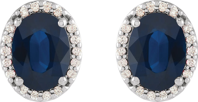 14K Gold Lab-Grown Blue Sapphire Oval 4-Prong Halo-Style Low Stud Earring - White Gold - view 2