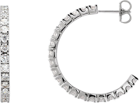 14K Gold Round Lab-Grown Diamond Accented Hoop Earrings – 1.3-2.4mm Stones - White Gold