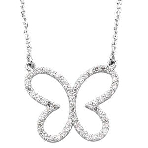 14K Gold Round Natural Diamond Butterfly Necklace - White Gold