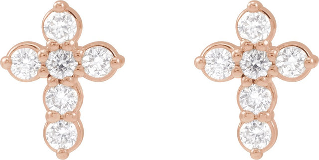 14K Gold Round Natural Diamond Cross Earrings II - Rose Gold - view 2