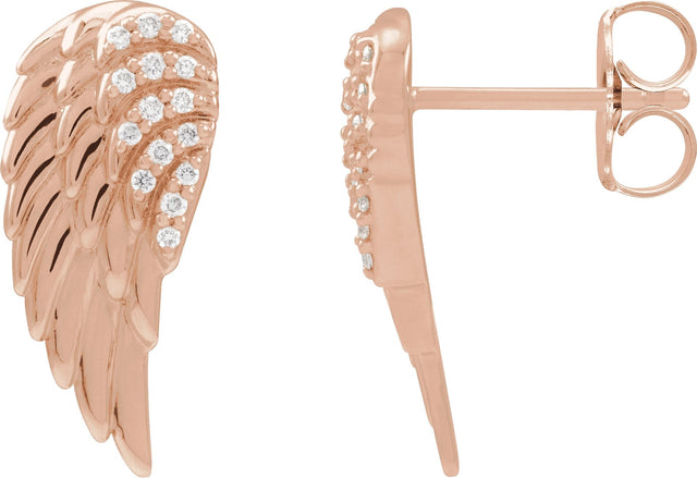 14K Gold Round Natural Diamond Angel Wing Earrings - Rose Gold