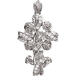 14K Gold Round Natural Diamond Floral-Inspired Cross Pendant – 1/8 CTW - White Gold