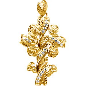 14K Gold Round Natural Diamond Floral-Inspired Cross Pendant – 1/8 CTW - Yellow Gold