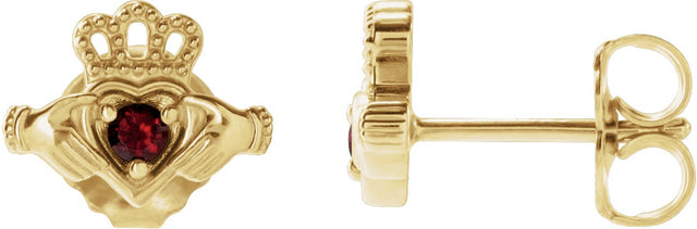 14K Gold Round Natural Mozambique Garnet Accented Claddagh Earrings - Yellow Gold