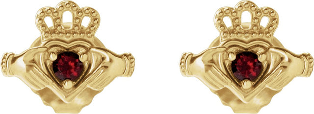14K Gold Round Natural Mozambique Garnet Accented Claddagh Earrings - Yellow Gold - view 2