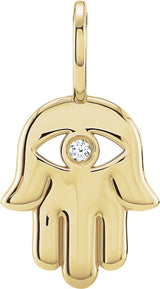 14K Gold Round Natural Diamond Hamsa Hand Pendant - Yellow Gold