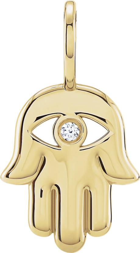 14K Gold Round Natural Diamond Hamsa Hand Pendant - Yellow Gold