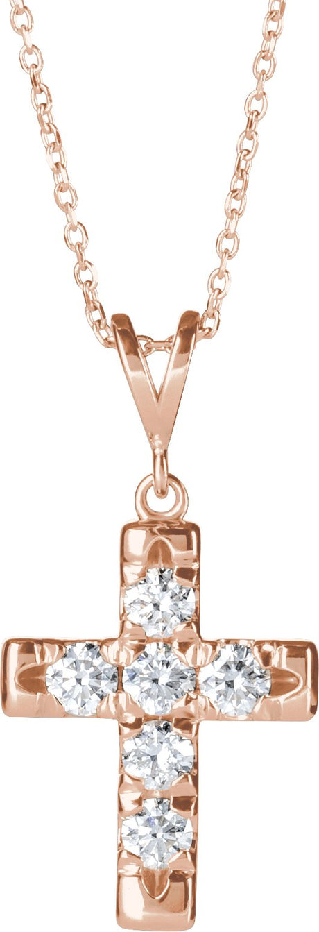 14K Gold Round Natural Diamond French-Set Cross Necklace or Pendant – up to 1/2 CTW - Rose Gold