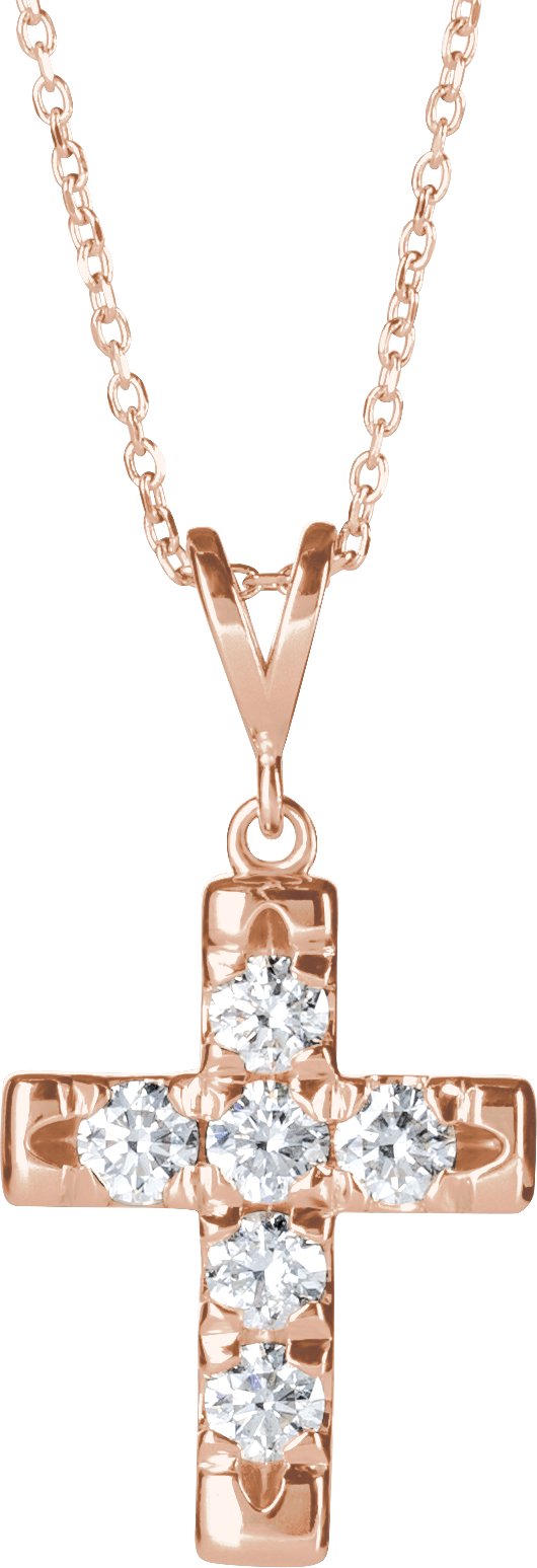14K Gold Round Natural Diamond French-Set Cross Necklace or Pendant – up to 1/2 CTW - Rose Gold