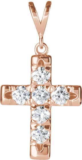 14K Gold Round Natural Diamond French-Set Cross Necklace or Pendant – up to 1/2 CTW - Rose Gold