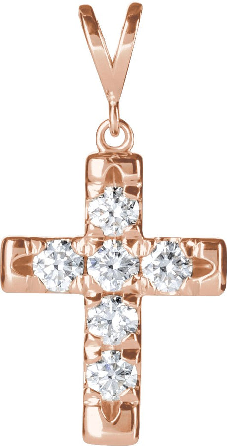 14K Gold Round Natural Diamond French-Set Cross Necklace or Pendant – up to 1/2 CTW - Rose Gold