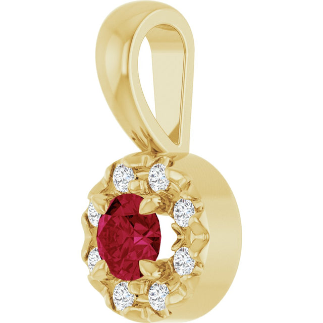 14K Gold Emerald Lab-Grown Ruby Halo-Style Necklace or Pendant - Yellow Gold - view 2