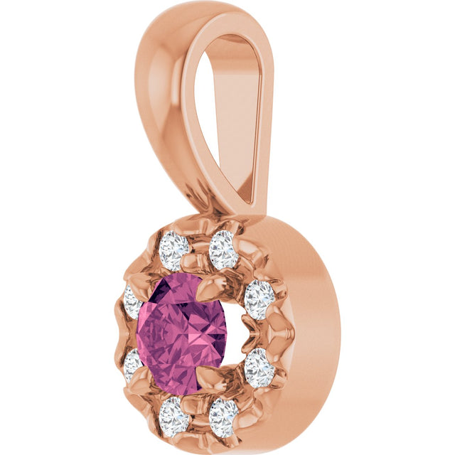 14K Gold Emerald Natural Pink Tourmaline Halo-Style Necklace or Pendant - Rose Gold - view 2