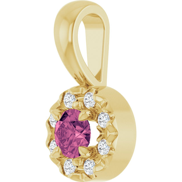 14K Gold Emerald Natural Pink Tourmaline Halo-Style Necklace or Pendant - Yellow Gold - view 2