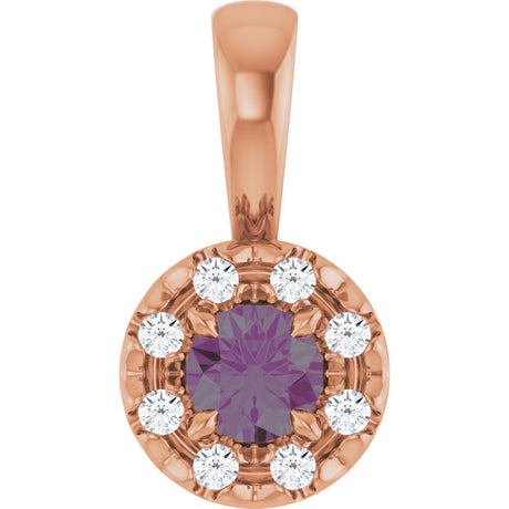 14K Gold Emerald Lab-Grown Alexandrite Halo-Style Necklace or Pendant - Rose Gold