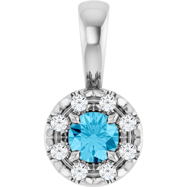 14K Gold Emerald Natural Aquamarine Halo-Style Necklace or Pendant - White Gold