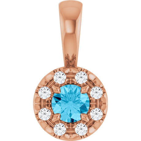 14K Gold Emerald Natural Aquamarine Halo-Style Necklace or Pendant - Rose Gold