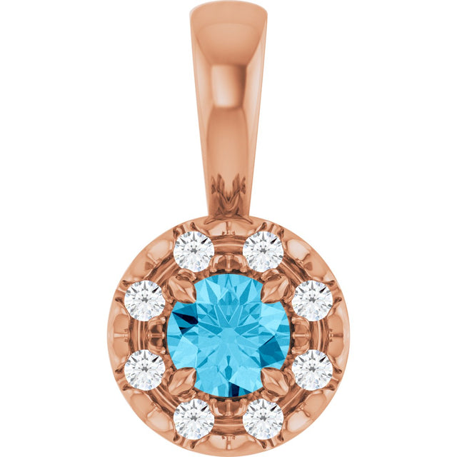 14K Gold Emerald Natural Aquamarine Halo-Style Necklace or Pendant - Rose Gold