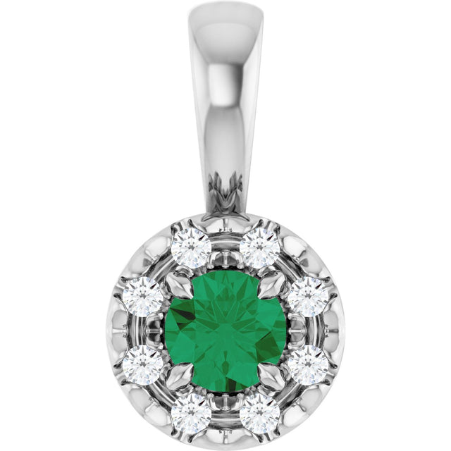 14K Gold Emerald Natural Emerald Halo-Style Necklace or Pendant - White Gold