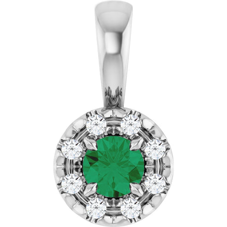 14K Gold Emerald Lab-Grown Emerald Halo-Style Necklace or Pendant - White Gold
