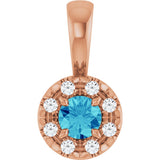 14K Gold Emerald Natural Blue Zircon Halo-Style Necklace or Pendant - Rose Gold