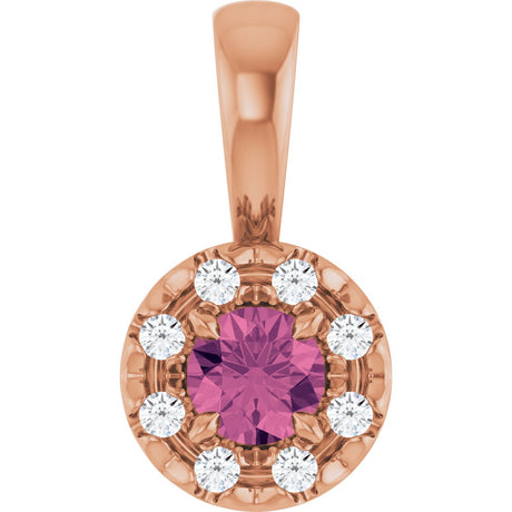 14K Gold Emerald Natural Pink Tourmaline Halo-Style Necklace or Pendant - Rose Gold